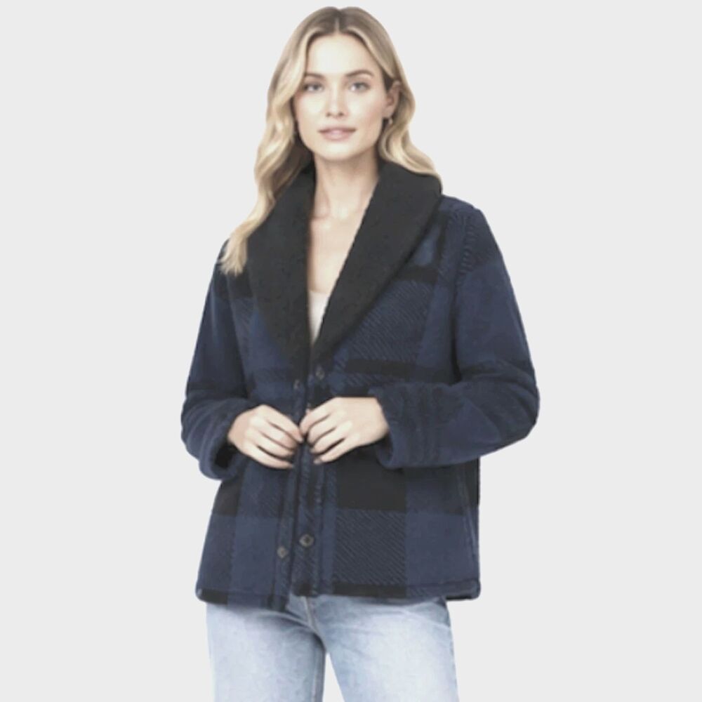 Barefoot Dreams CozyChic Shearling Cardigan Sweater Womens XL Black Blue Plaid